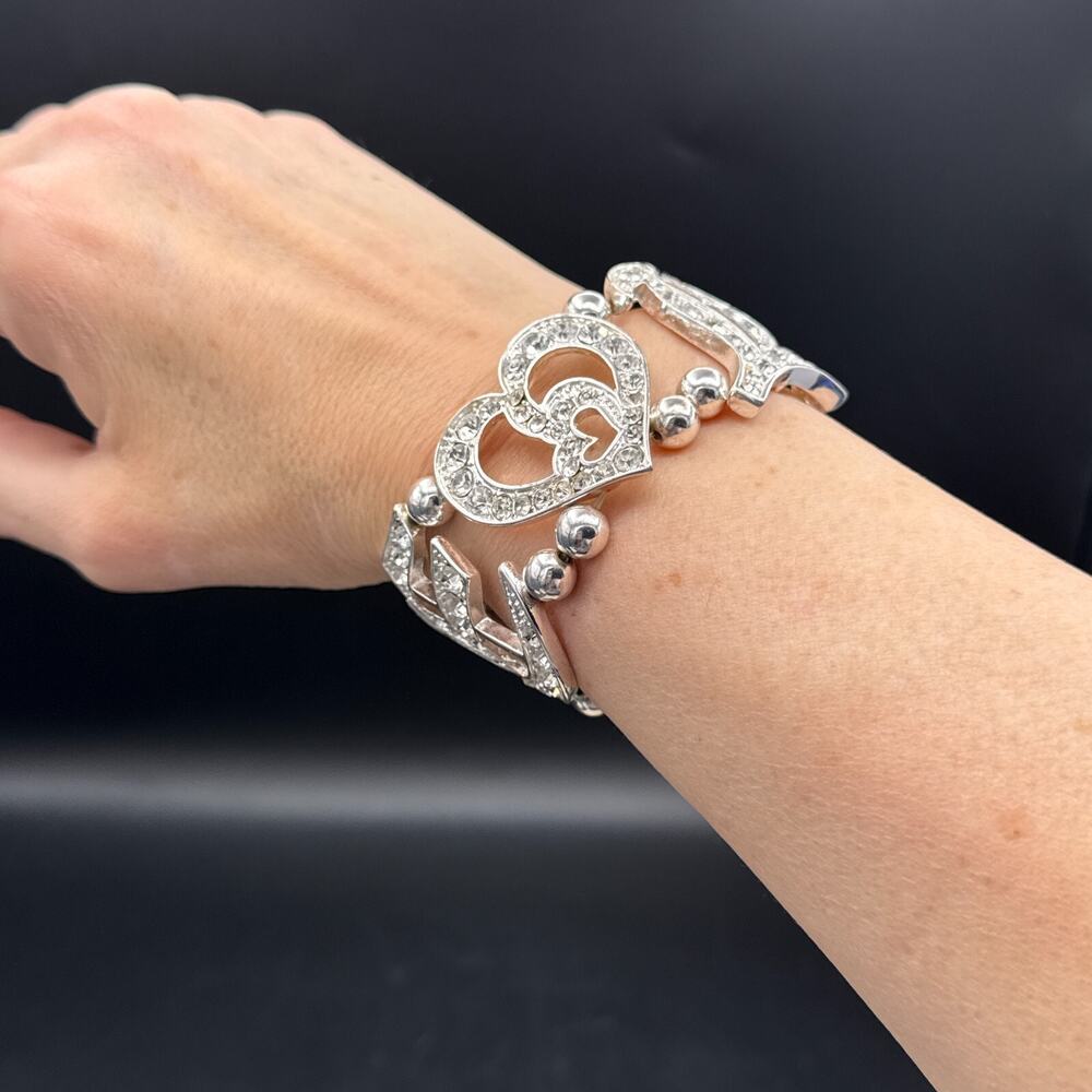 Crystal‎ Bracelet LOVE Bling Rhinestone Heart Silver Tone 6.5" Stretch Bangle - Picture 7 of 9